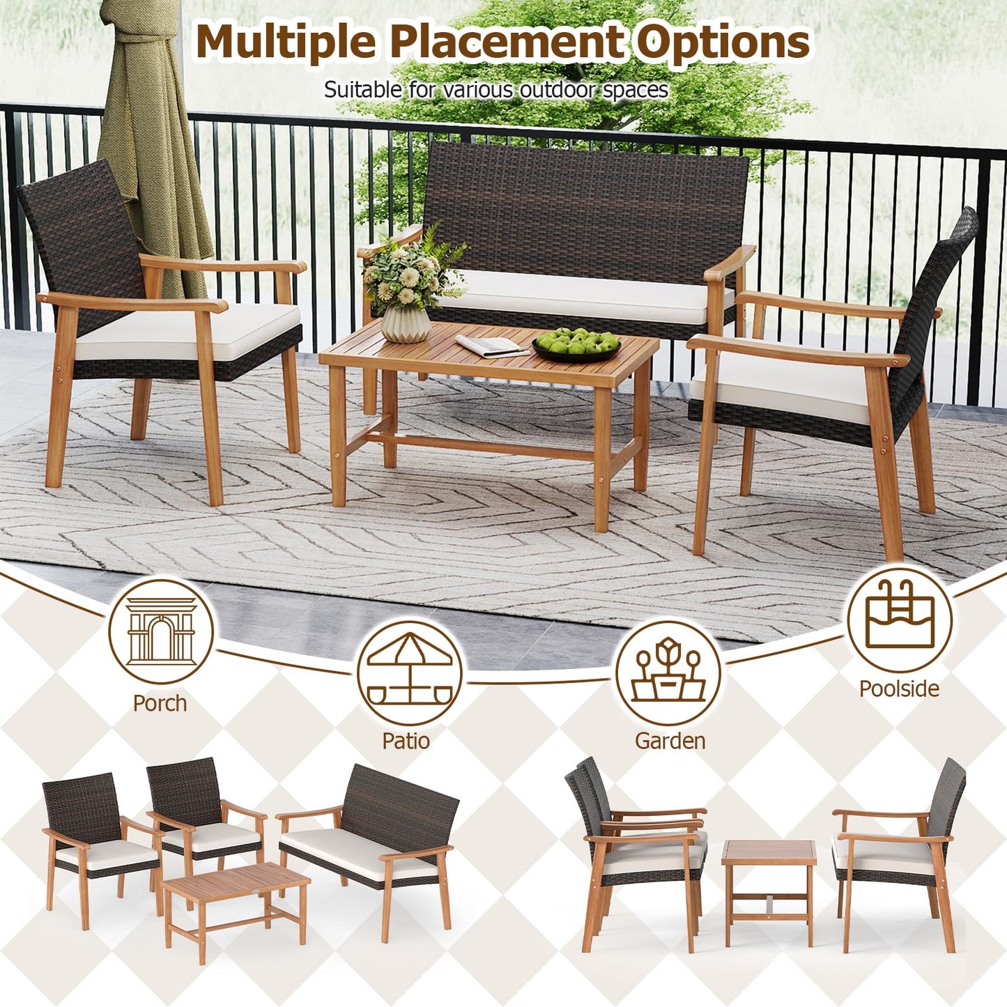 Chaises de conversation extérieures rembourrées en rotin PE Tangkula avec table basse en bois d'acacia