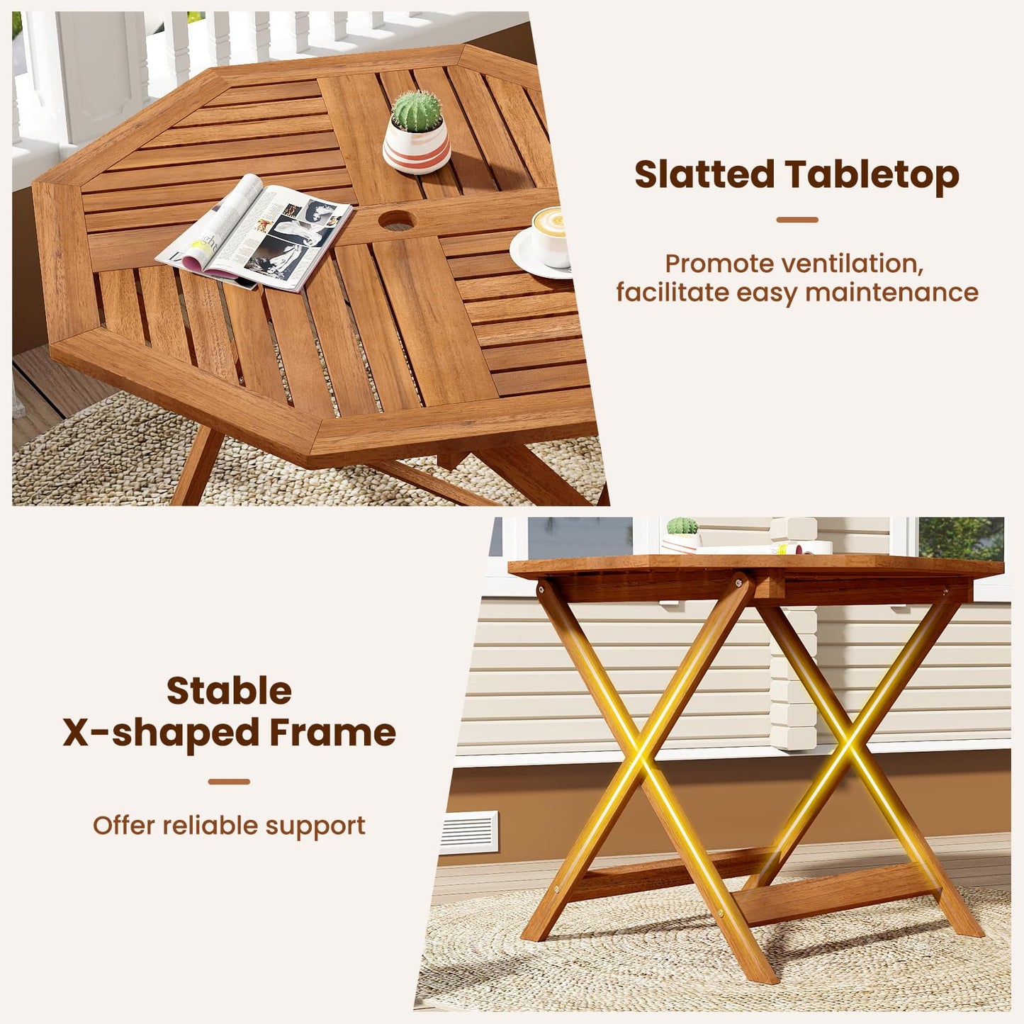 Table de salle à manger Tangkula en bois pour patio avec trou pour parasol de 5 cm