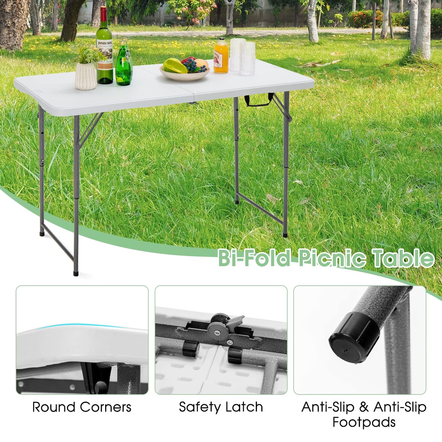 Tangkula 4 ft Folding Table, Portable Picnic Table with 3 Adjustable Height