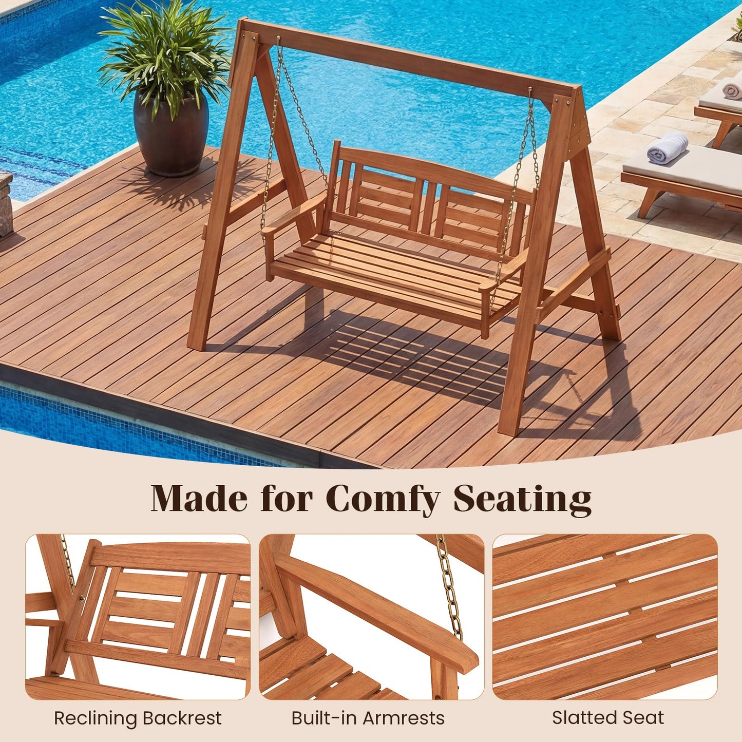 Tangkula 2-Seater Wood Porch Swing with Stand