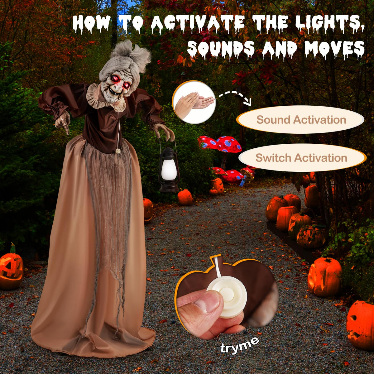 Tangkula Vieille Dame Animée d'Halloween de 1,5 m Tenant une Lanterne, Zombie Animatronique avec Yeux Rouges Lumineux à LED