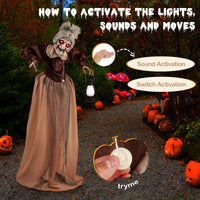 Tangkula Vieille Dame Animée d'Halloween de 1,5 m Tenant une Lanterne, Zombie Animatronique avec Yeux Rouges Lumineux à LED