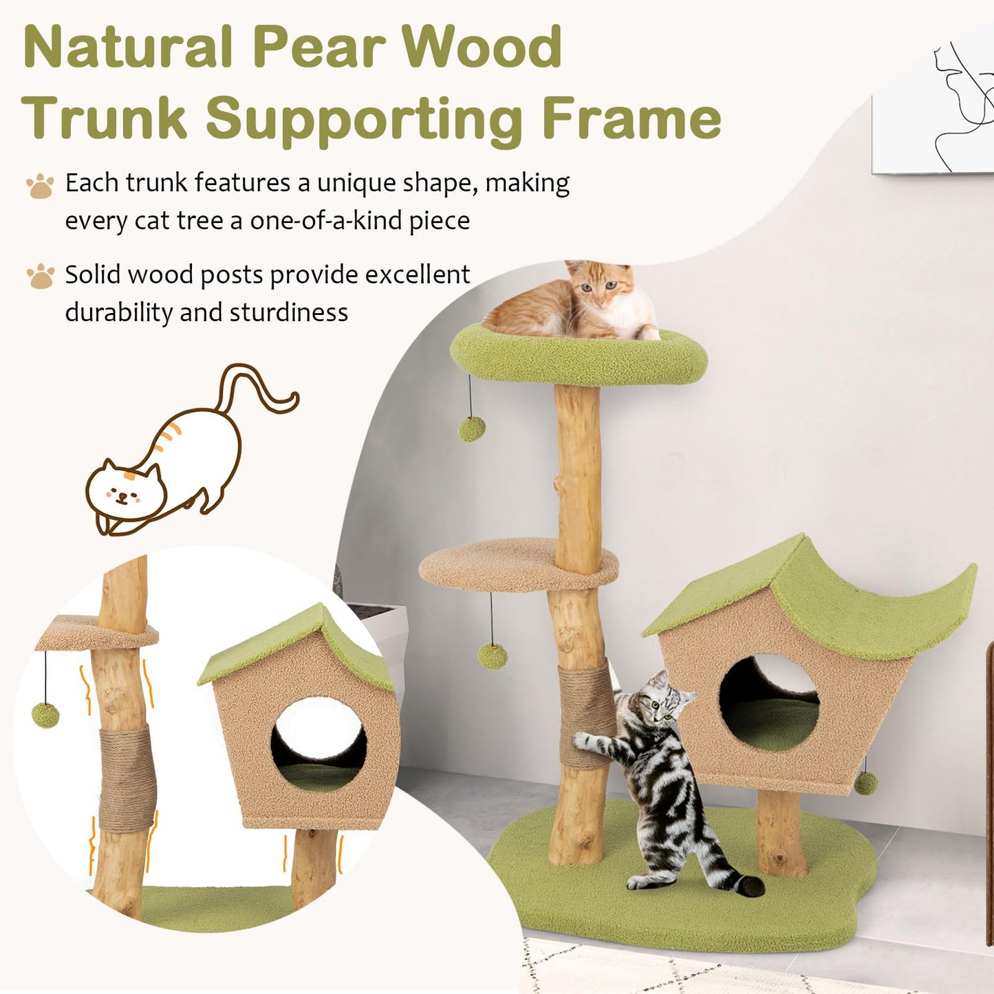 Tangkula Cat Tree, Solid Wood Cat Tower with Jute Scratching Post, Cat Condo, Perch, Jingling Ball