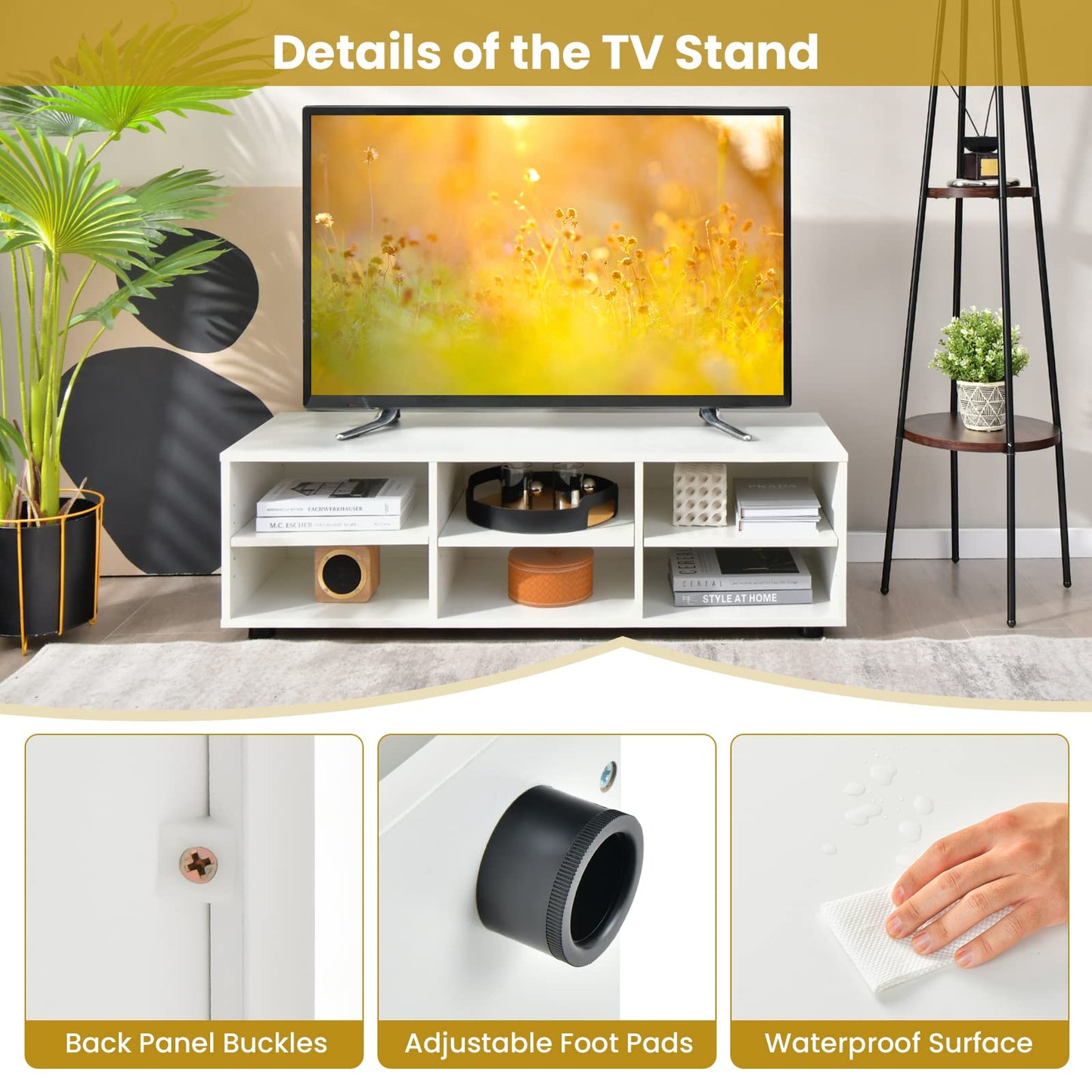 Tangkula 6 Cubby TV Stand for TVs up to 55 Inches, White Wood Entertainment Center with 6 Storage Cubbies & 5 Positions Adjustable Shelves
