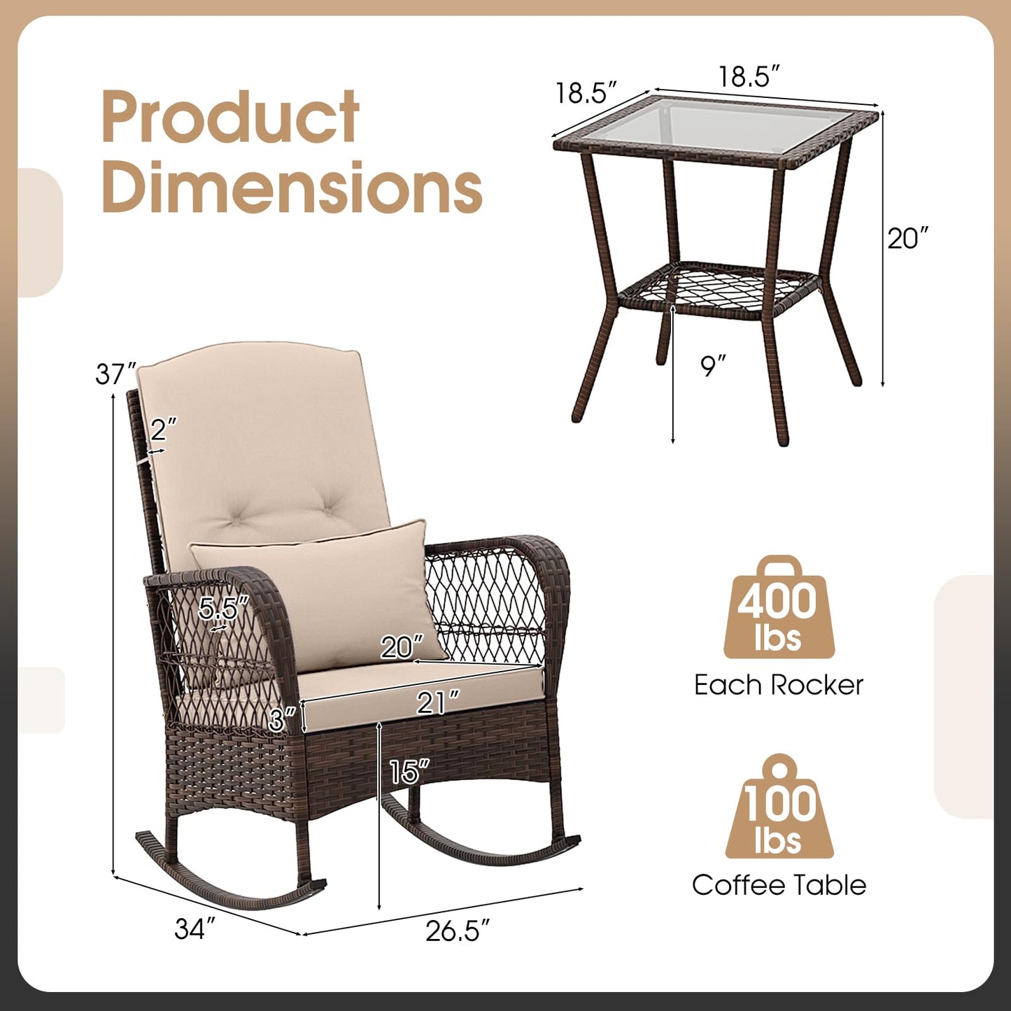 Tangkula 3 Piece Patio Rocker Set, Patiojoy Outdoor Wicker Rocking Chairs w/Double-Layer Coffee Table