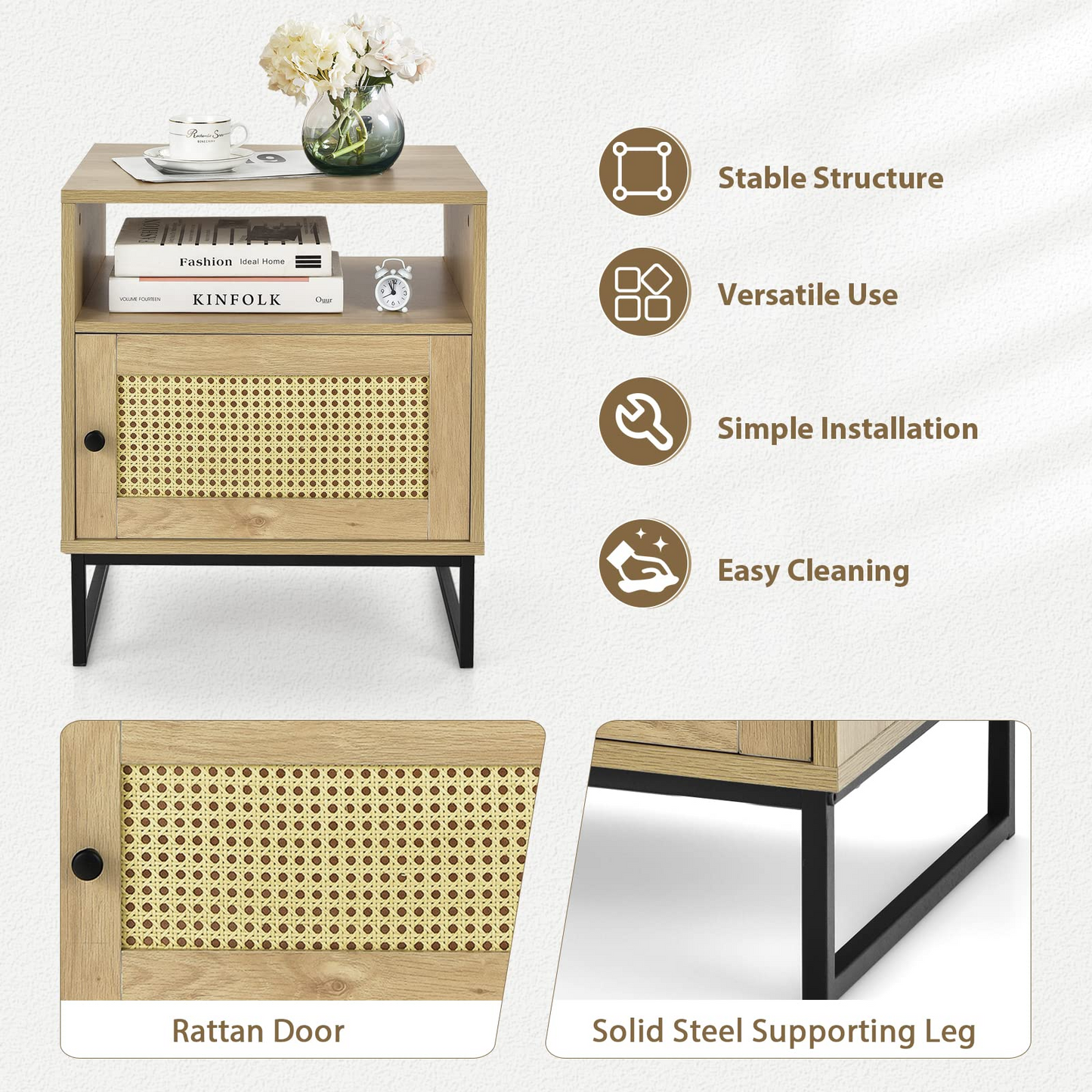 Tangkula Rattan End Table, Indoor Sofa Side Table with Shelf & Rattan Door Cabinet