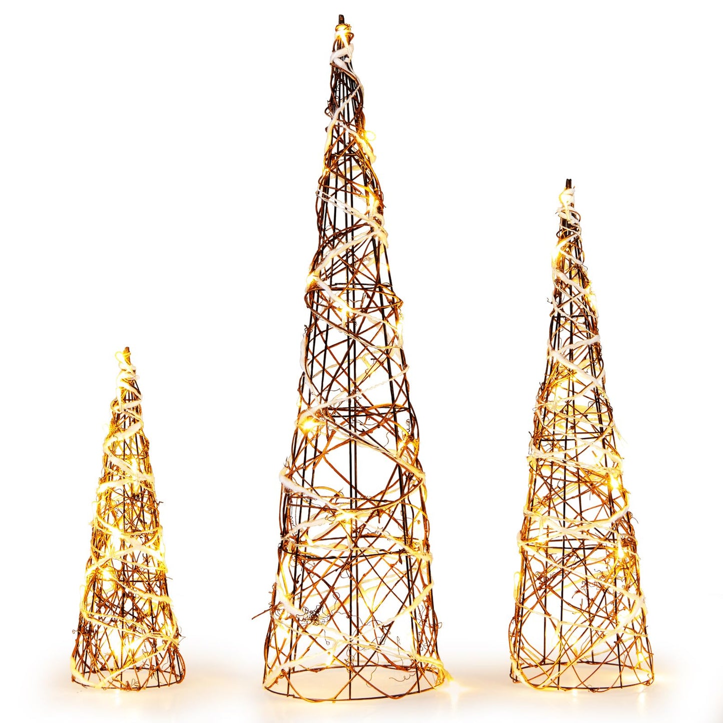 Tangkula Set of 3 Lighted Christmas Rattan Cone Trees, Holiday Decorative Trees with LED Lights and Metal Frame