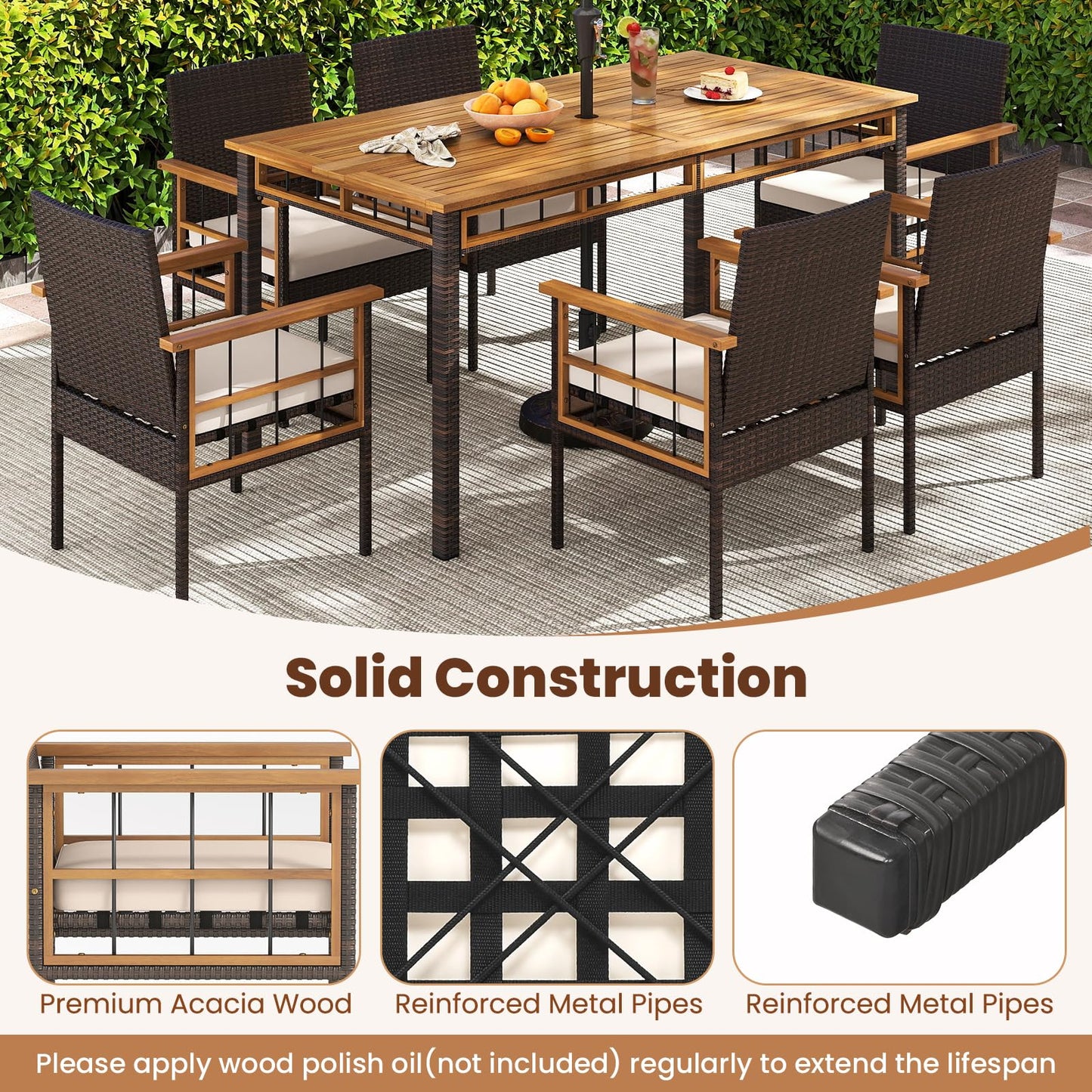Tangkula Outdoor Acacia Wood Rectangular Table with 1.97” Umbrella Hole and Cushioned Chairs