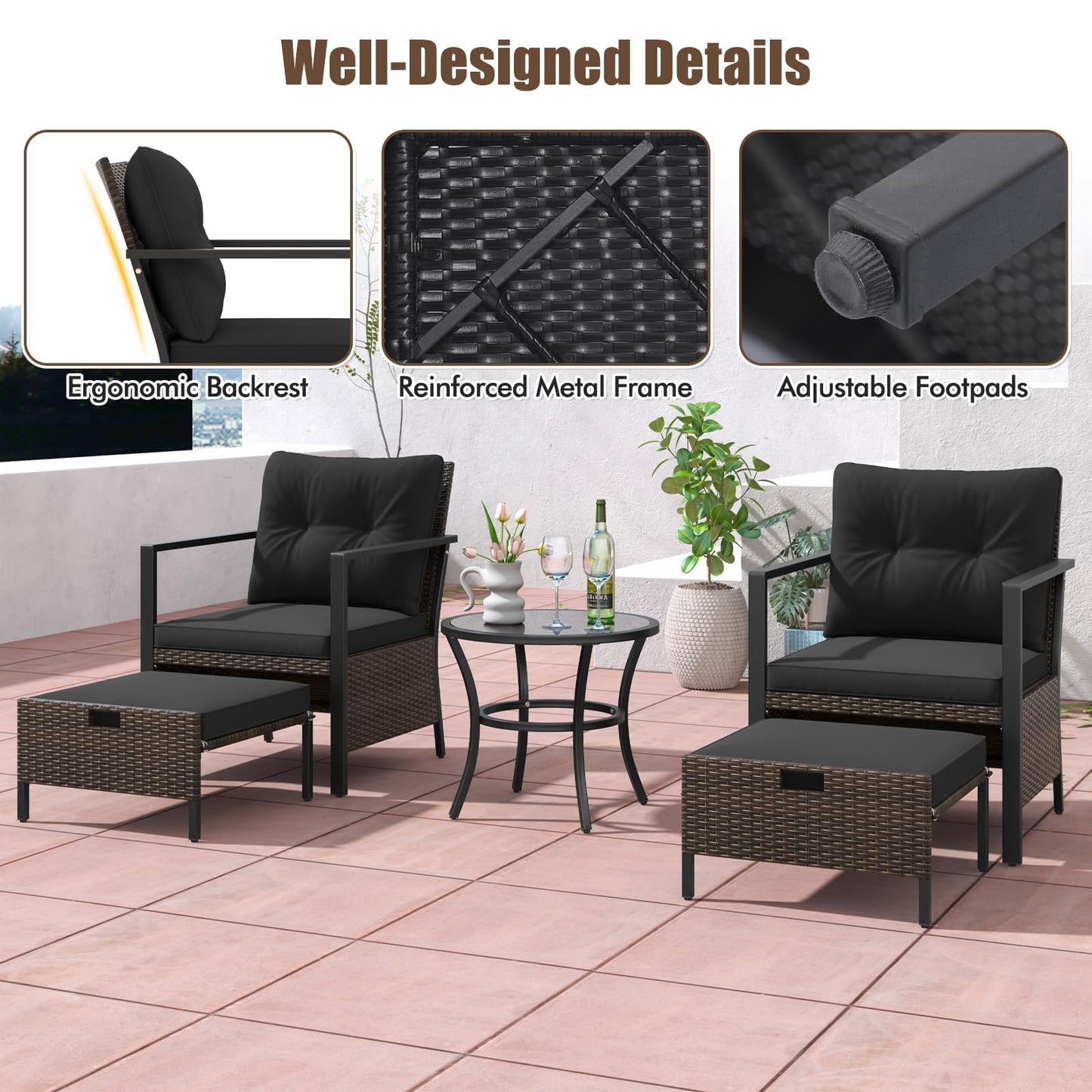 Tangkula 5 Piece Outdoor Furniture Set, Rattan Chairs & Ottomans w/Round Glass Topped Coffee Table