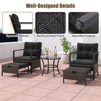 Tangkula 5 Piece Outdoor Furniture Set, Rattan Chairs & Ottomans w/Round Glass Topped Coffee Table