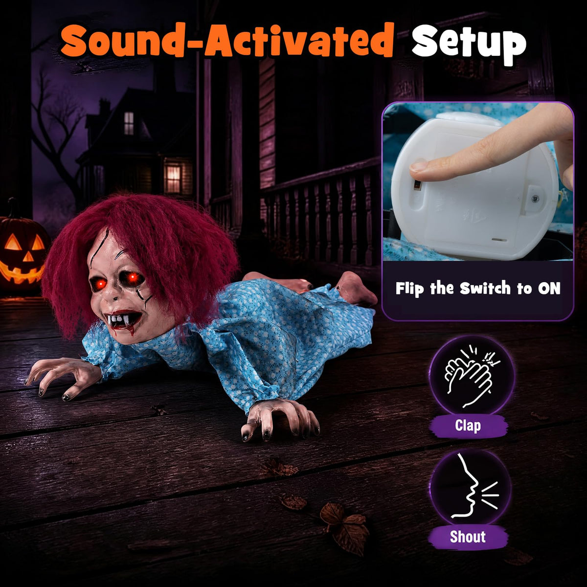Tangkula 28" Halloween Animated Crawling Baby Doll with Glowing Eyes