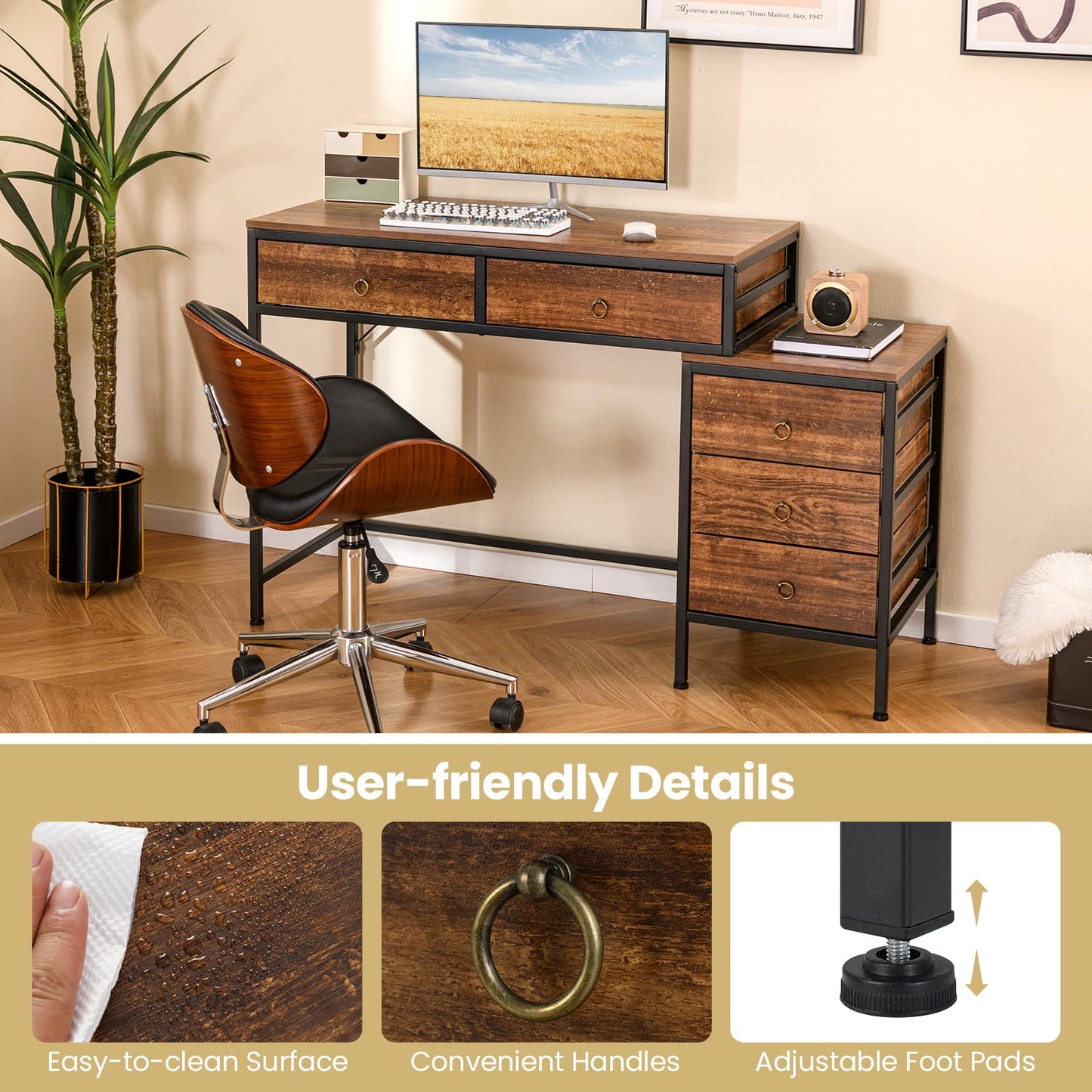 Tangkula Bureau d'ordinateur 130 cm avec 5 tiroirs, support pour imprimante, cadre en métal, table d'étude et d'écriture