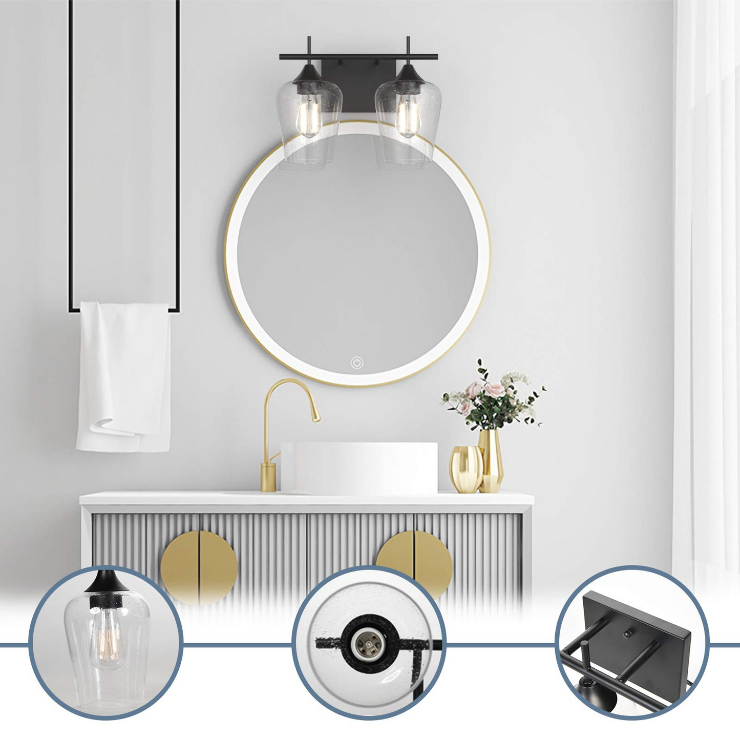 Tangkula 2-Light Wall Sconce, Industrial Vanity Light Fixture with Clear Seeded Glass Lampshade