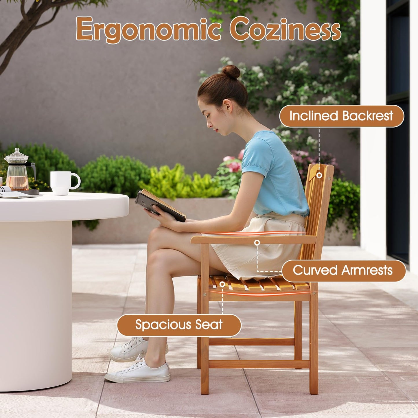 Fauteuils Tangkula en acacia à lattes pour terrasse avec dossier incliné, très résistants