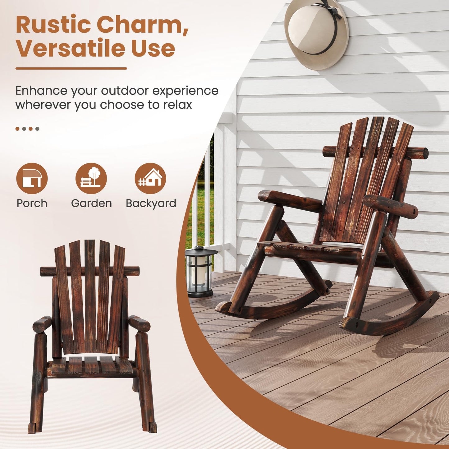 Tangkula Wood Rocking Chair Outside Adirondack Rocker with High Back and Slatted Seat
