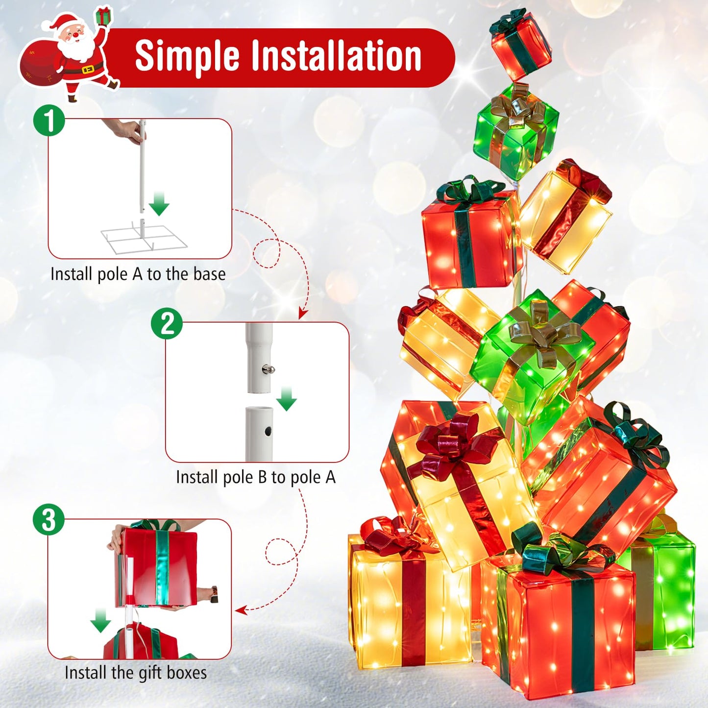 Tangkula Tour de cadeaux pré-éclairée de 1,70 m avec 15 boîtes de Noël lumineuses, nœud et 483 ampoules LED