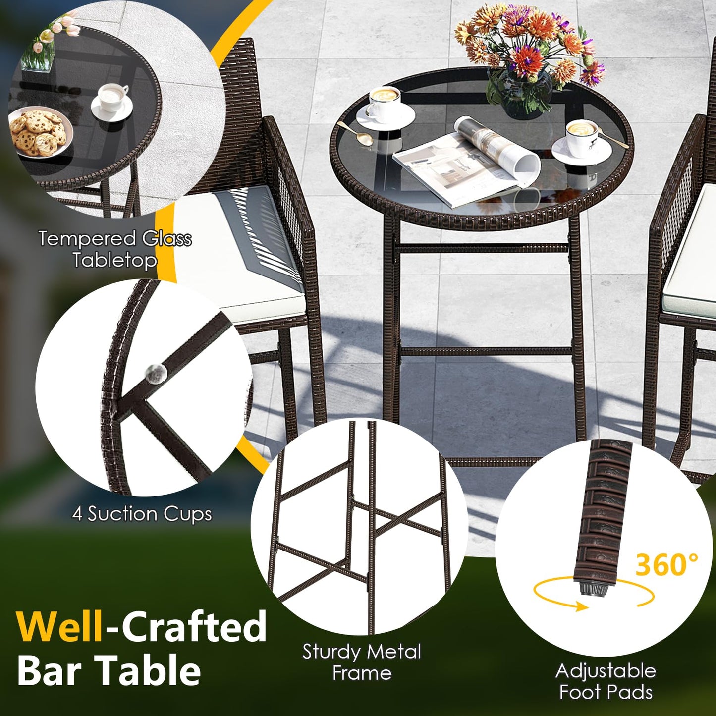Tangkula Outdoor Wicker Bar Height Glass Top Table & 2 Cushioned Bartools Heavy Duty