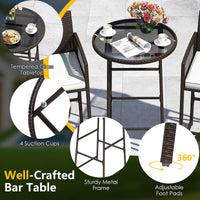 Tangkula Outdoor Wicker Bar Height Glass Top Table & 2 Cushioned Bartools Heavy Duty