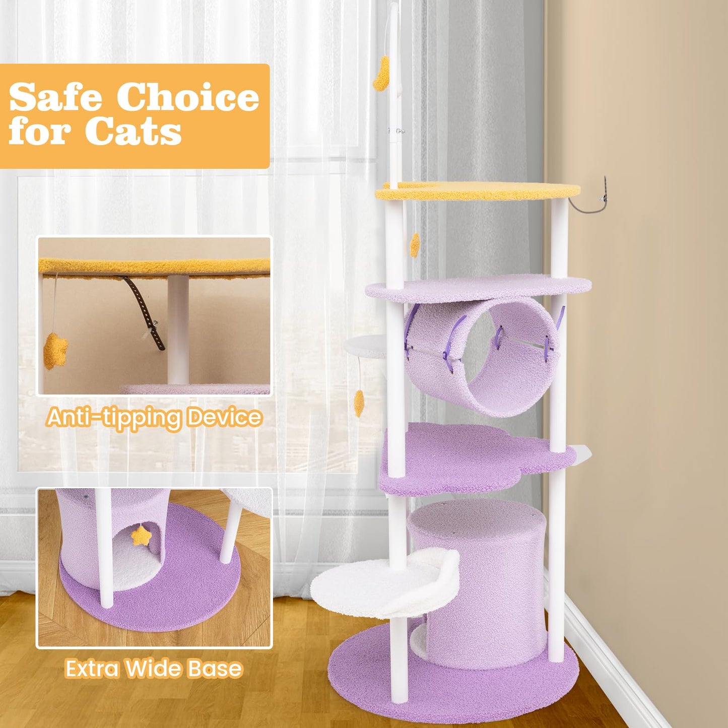 Tangkula Cute Cat Tree, 62 Inch Multi-Level Large Cat Tower with Metal Frame, Moon-Shaped Top Perch