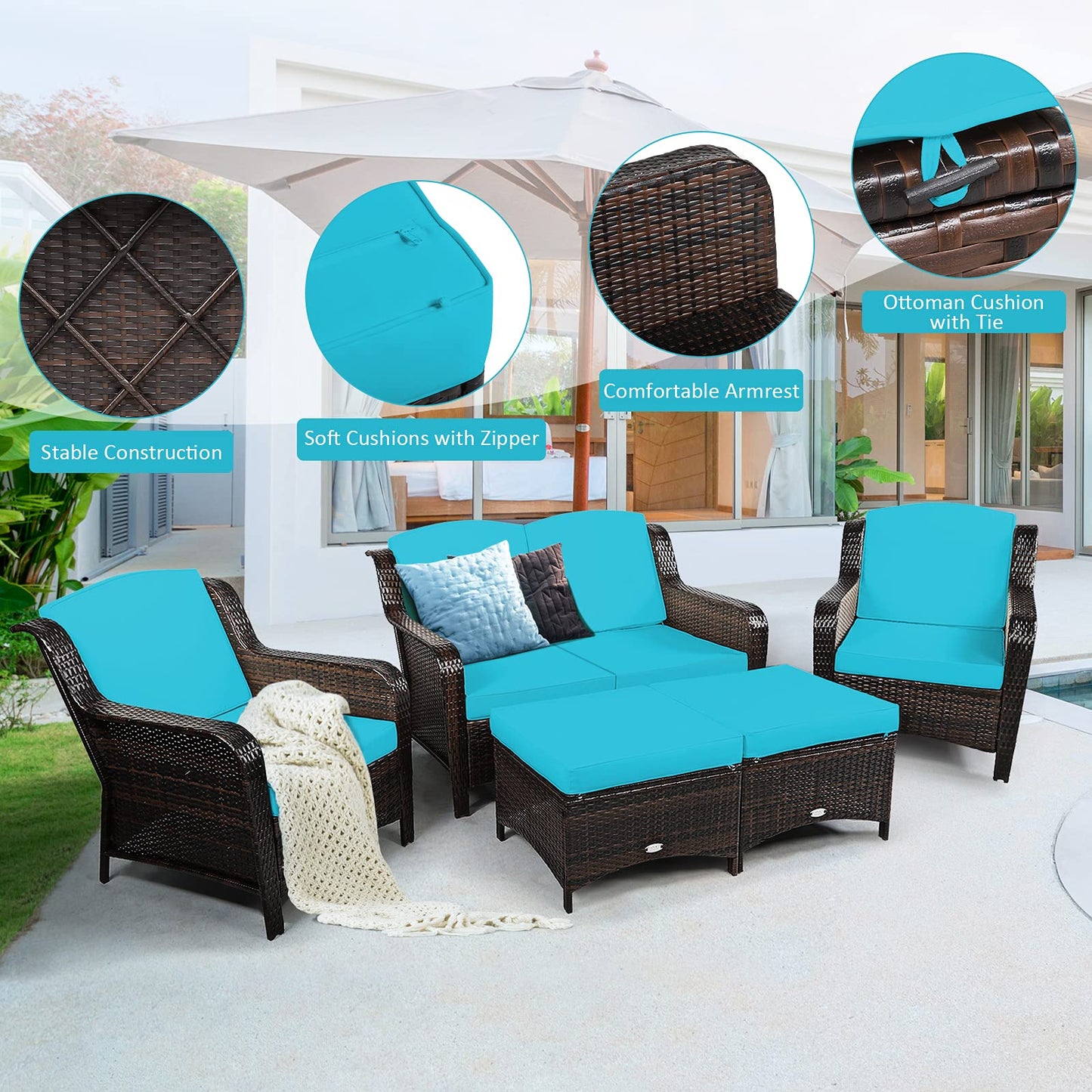 5 Pieces Patio Furniture Set, Outdoor Rattan Conversation Sofa Set with Loveseat
