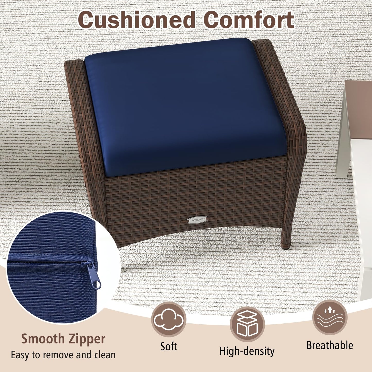 Tangkula 2 Pieces Patio Wicker Ottomans with Removable Cushions for Additional Seating