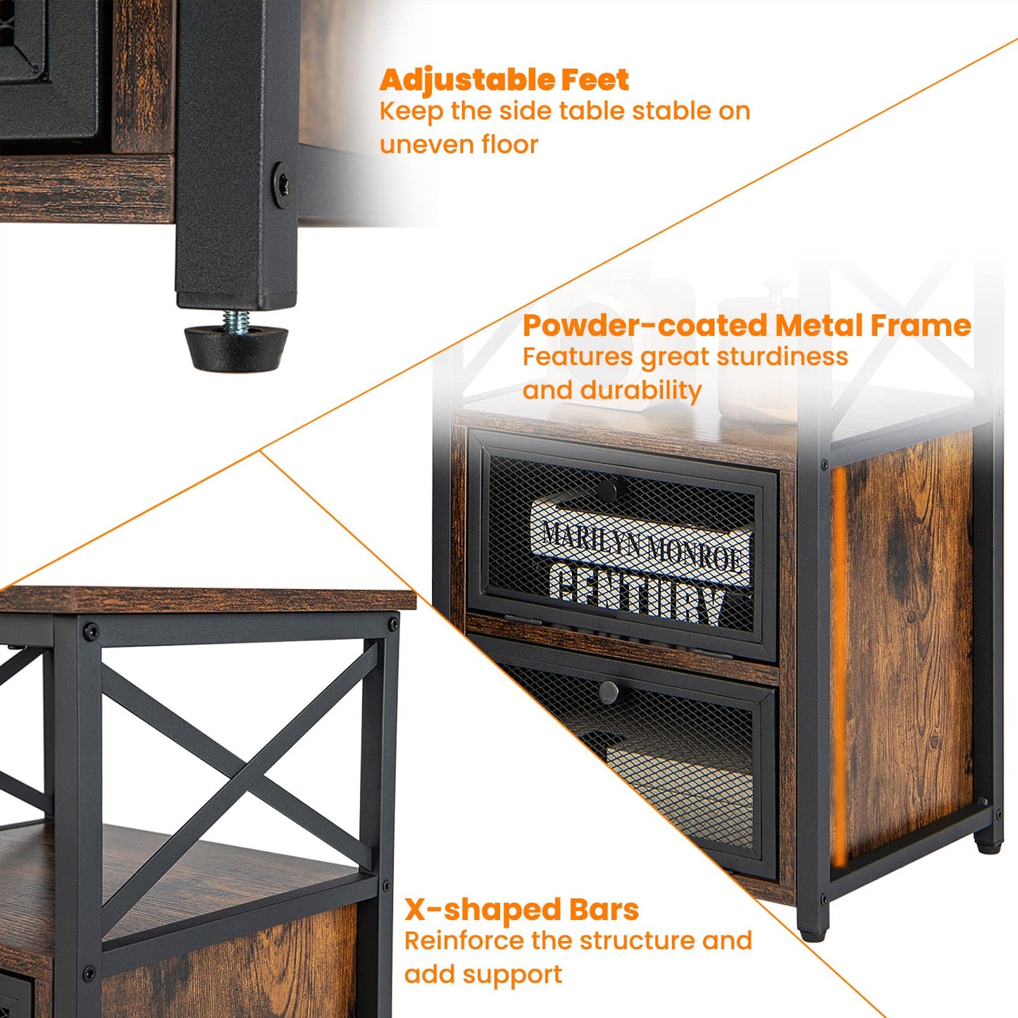 Tangkula Table d'appoint de canapé industrielle polyvalente avec étagère de rangement ouverte et 2 tiroirs basculants