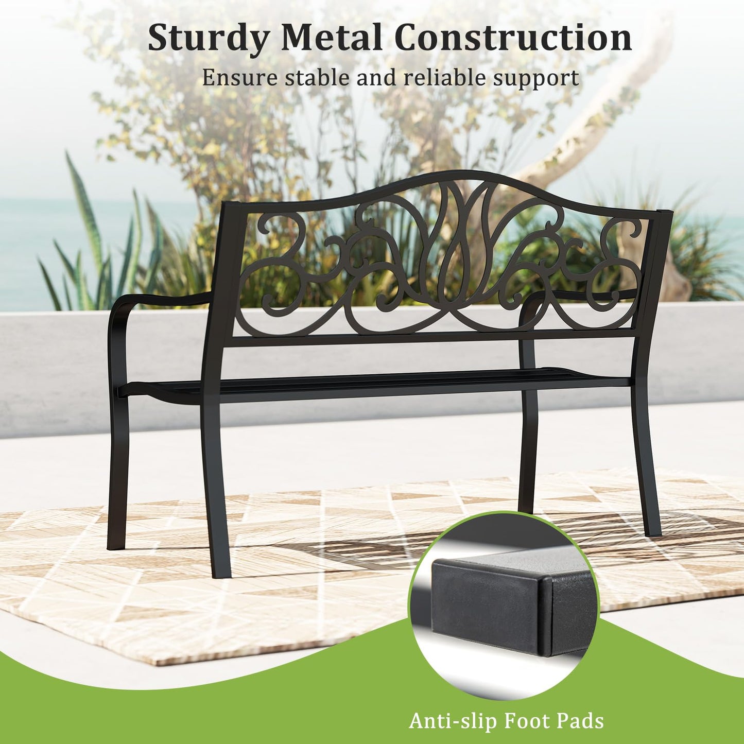Tangkula 50 Inches Outdoor Garden Bench with Floral Design Backrest and Slatted Seat