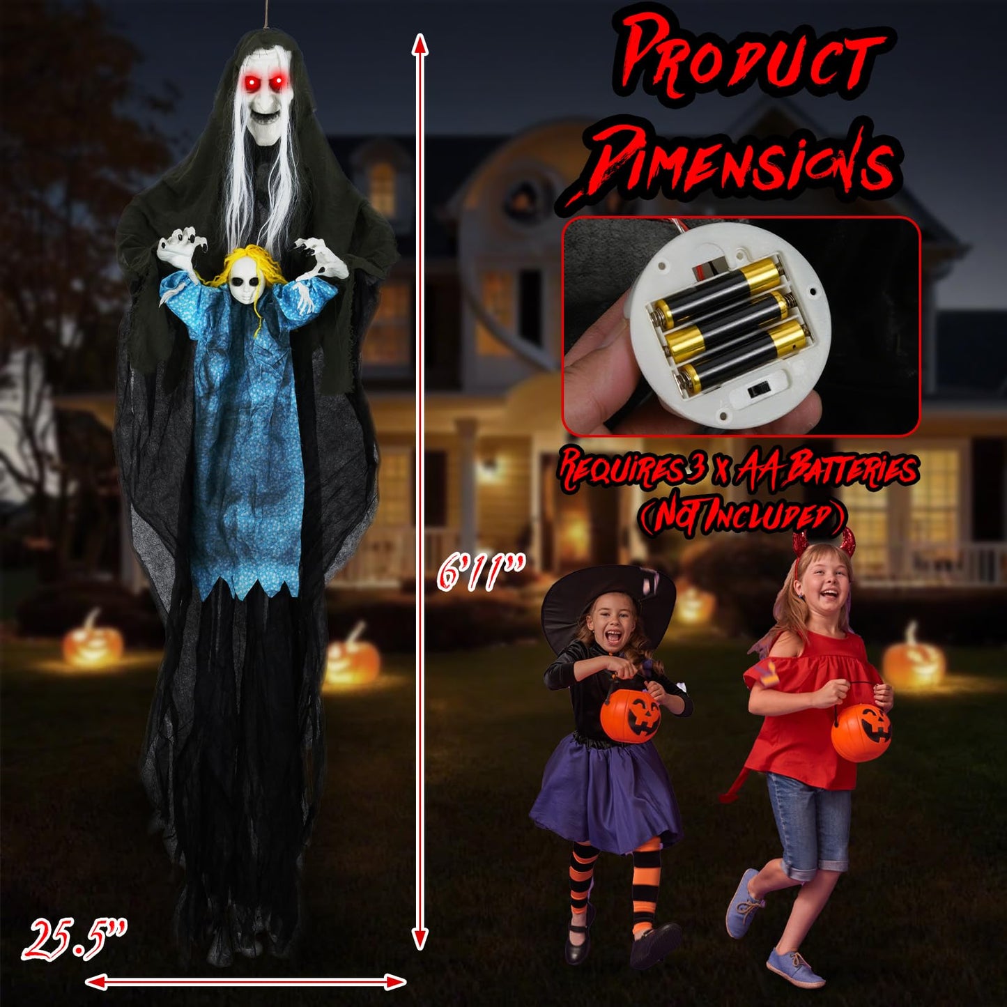 Tangkula Hanging Halloween Decoration Sound-Activated Witch Holding Ghost Girl with Spooky Sounds