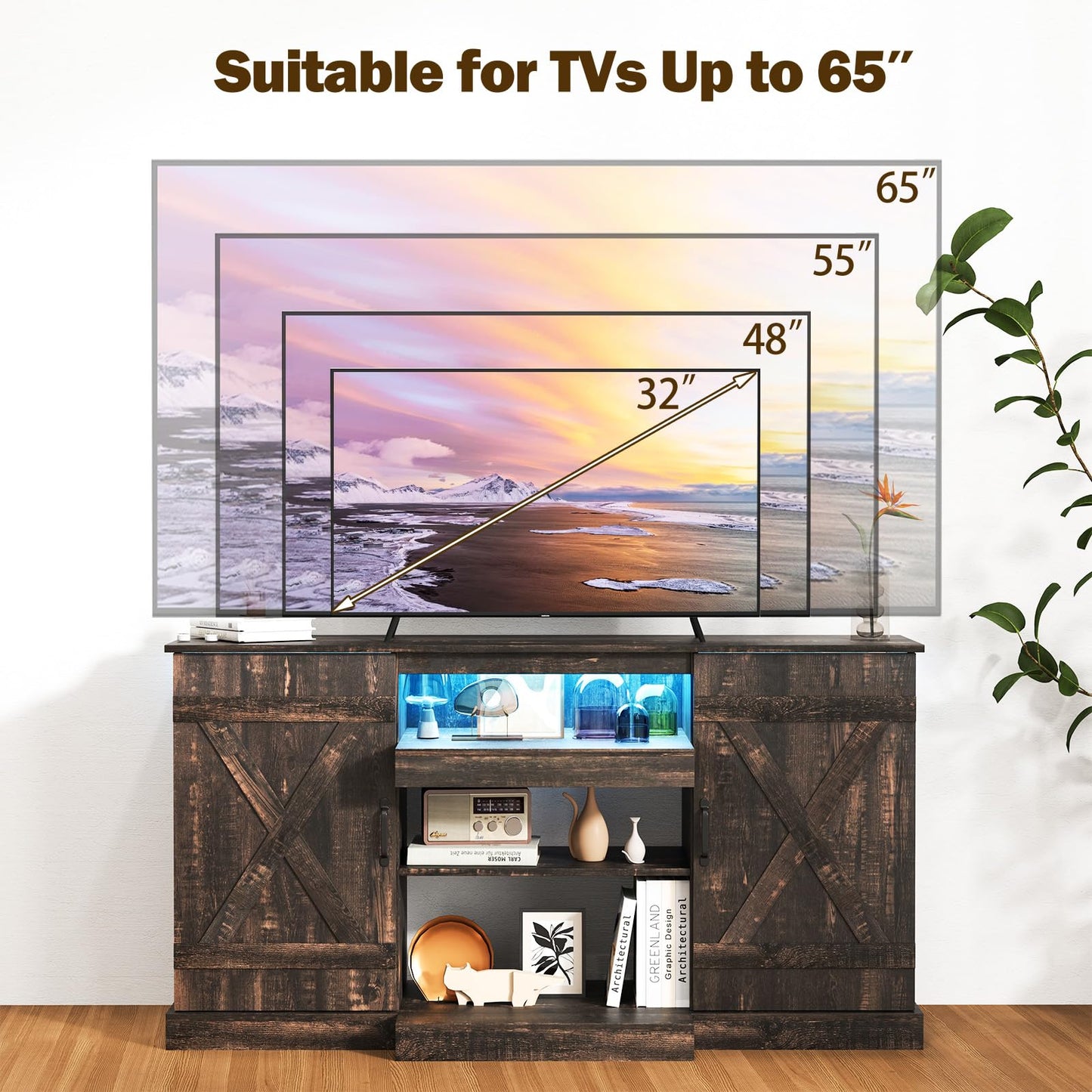 Tangkula 58”L Farmhouse LED TV Stand for TV up to 65 Inch