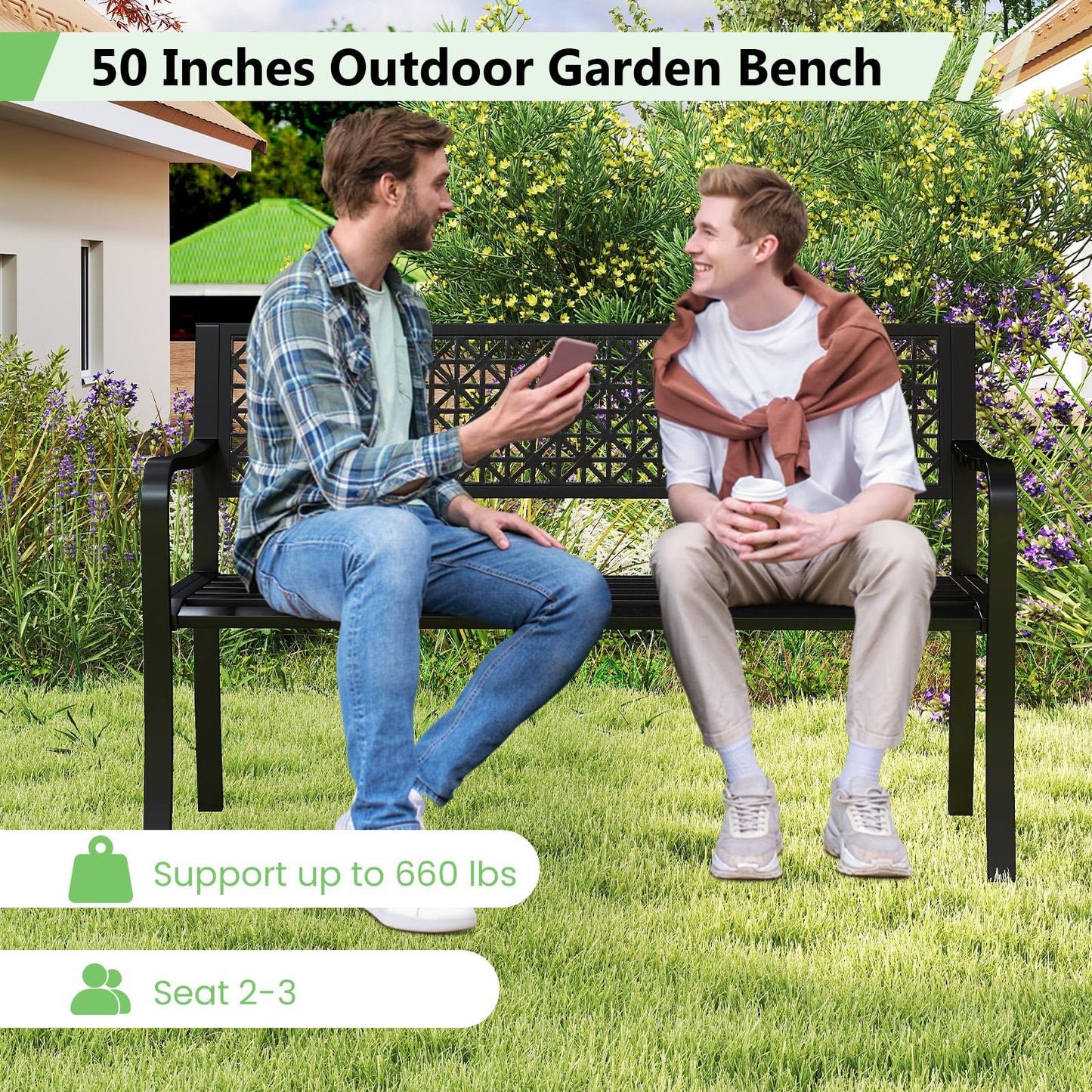 Tangkula Metal Outdoor Park Bench 50 Inches Patio Garden Bench