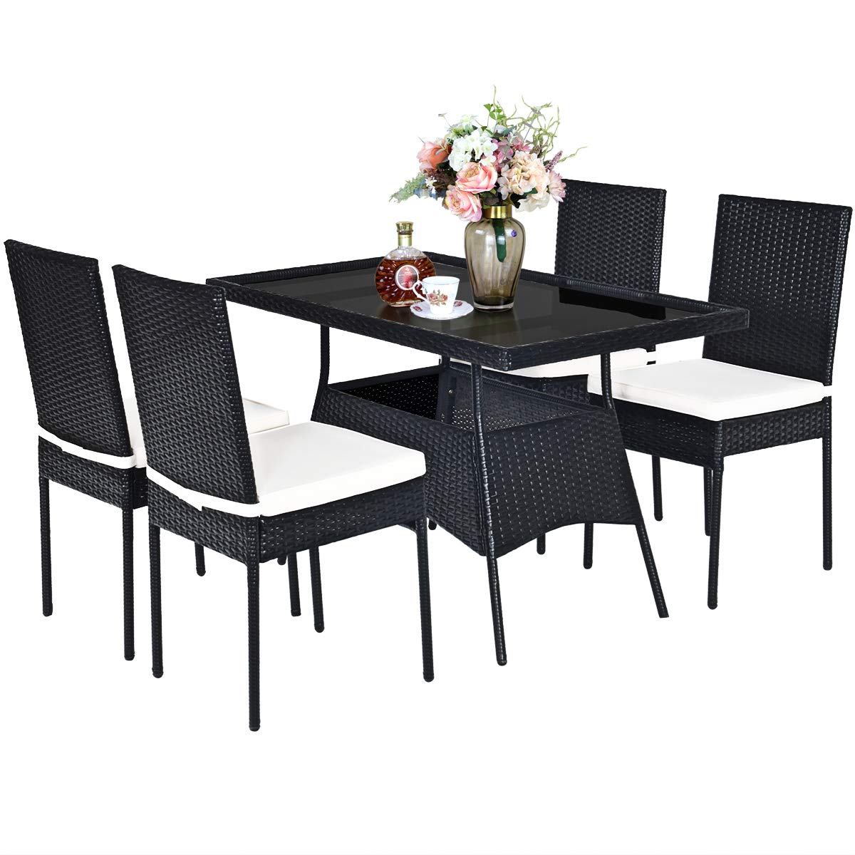 Tangkula 5 Piece Wicker Patio Dining Set with Tempered Glass Top & Padded Cushions