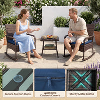 Tangkula 3-Piece Outdoor Wicker Rocking Bistro Set with 2-Tier Coffee Table