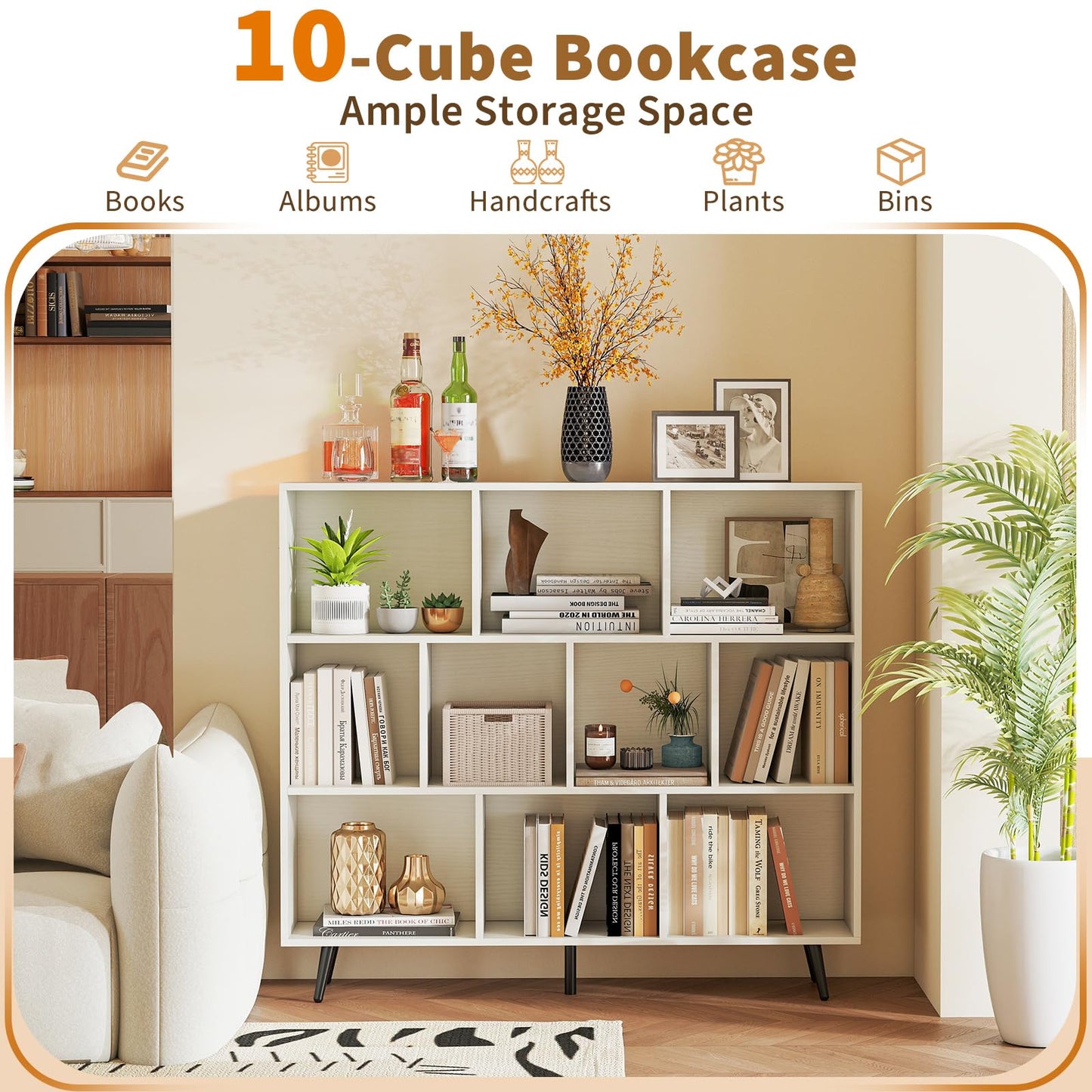 Tangkula 10-Cube Bookcase | Modern 47" L Storage Bookshelf with 5 Tapered Metal Legs & 2 Anti-Tip Kit