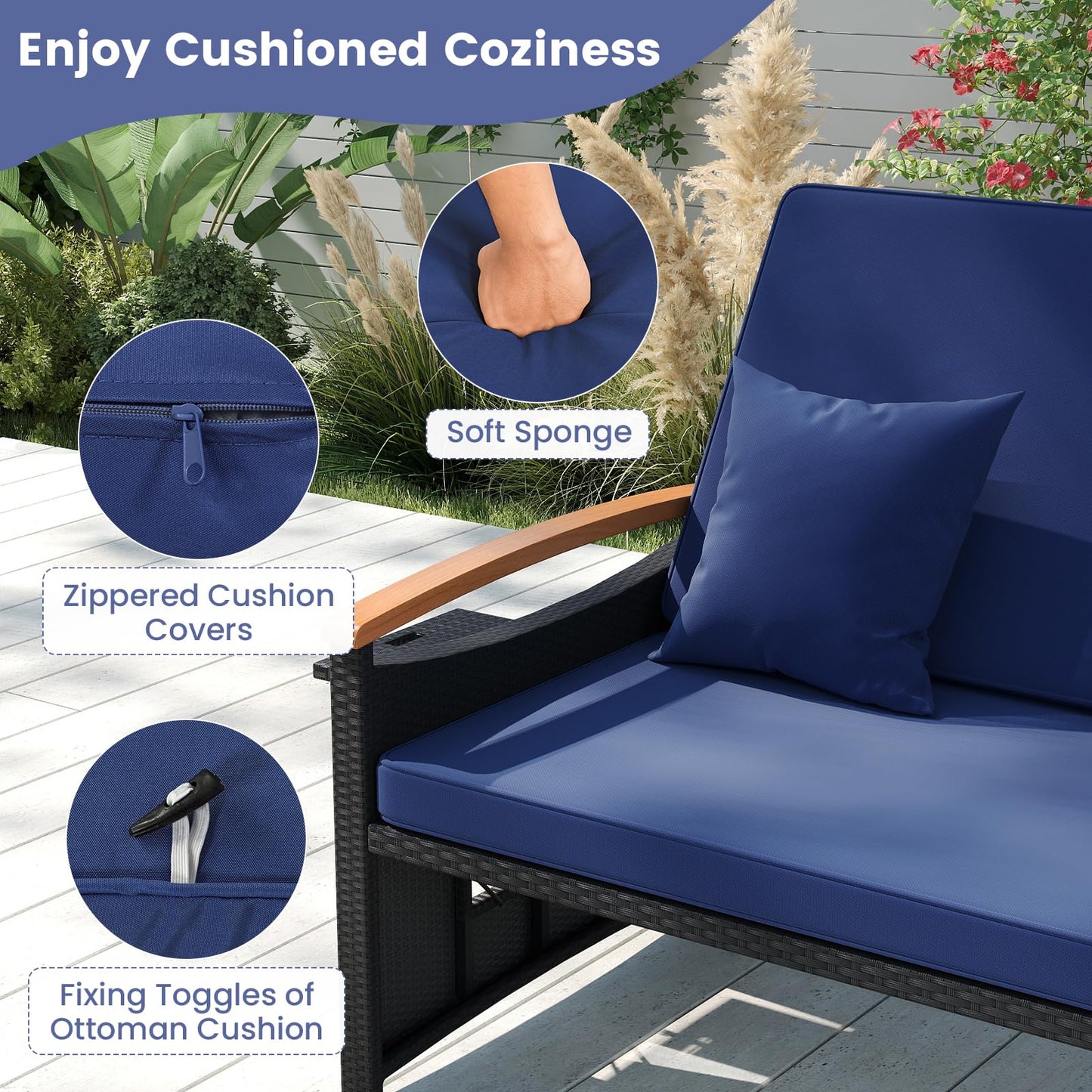 Tangkula Patio Rattan Daybed with 4-Level Adjustable Backrest | Double Sunbed for Yard & Poolside