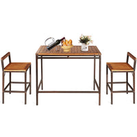 Tangkula 3 PCS Patio Bar Table Set, Outdoor Rattan Bar Set Bistro Set with Acacia Wood Top