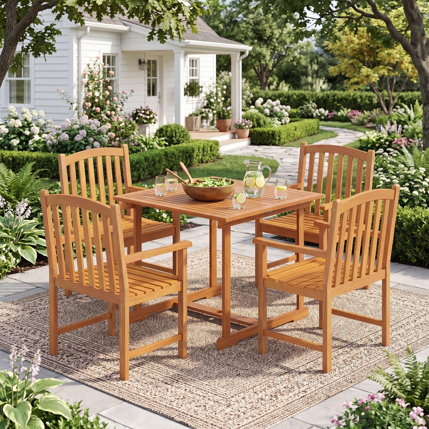 Tangkula 35.5" Acacia Wood Square 4-Person Patio Table with Umbrella Hole