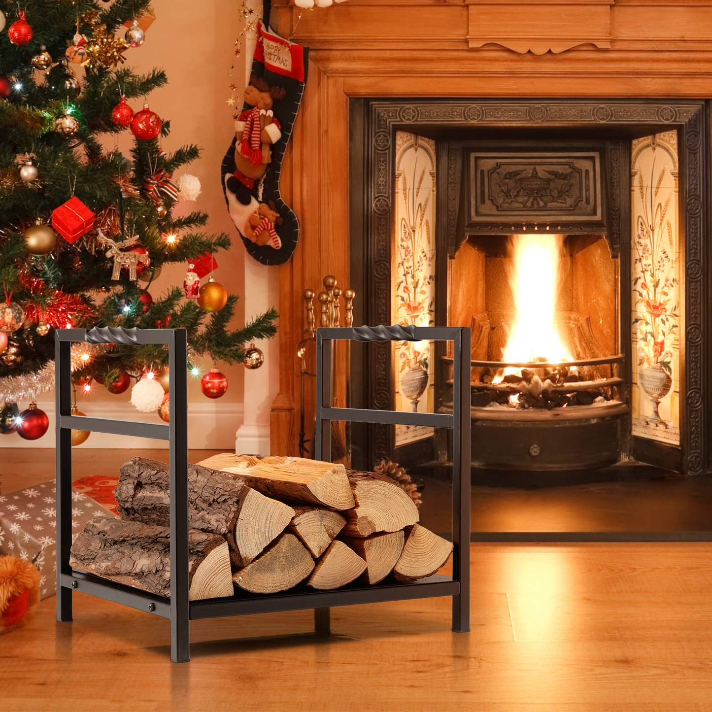 Tangkula Firewood Log Rack, Heavy Duty Firewood Holder with Unique Handle and Raised Feet