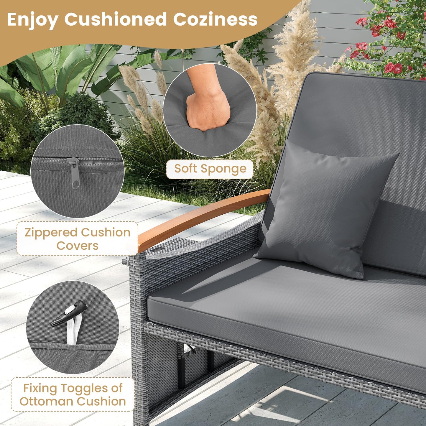 Tangkula Outdoor Wicker Loveseat with Acacia Wood Armrest Storage Ottoman & Folding Tray