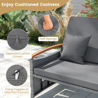 Tangkula Outdoor Wicker Loveseat with Acacia Wood Armrest Storage Ottoman & Folding Tray