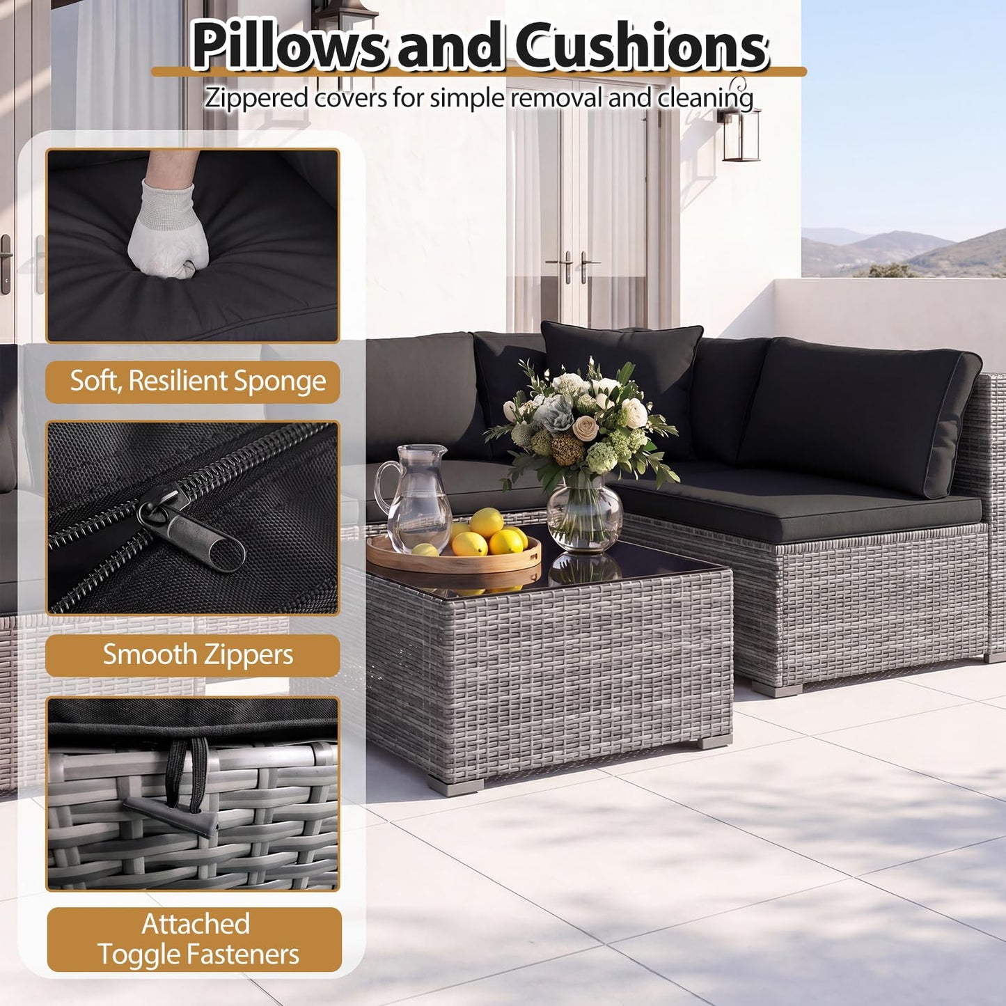 Tangkula 7 Pieces Wicker Sectional Patio Furniture Set | PE Rattan Sofas with Tempered Glass Coffee Table