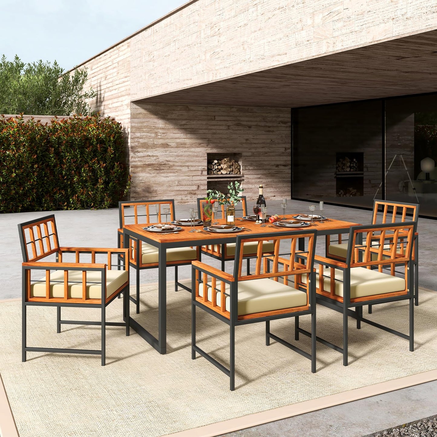 Tangkula 7 Pieces Patio Dining Set, Outdoor Acacia Wood Table and Chairs with Soft Cushions and Umbrella Hole