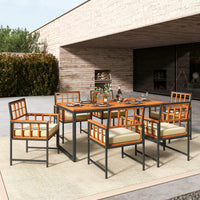 Tangkula 7 Pieces Patio Dining Set, Outdoor Acacia Wood Table and Chairs with Soft Cushions and Umbrella Hole