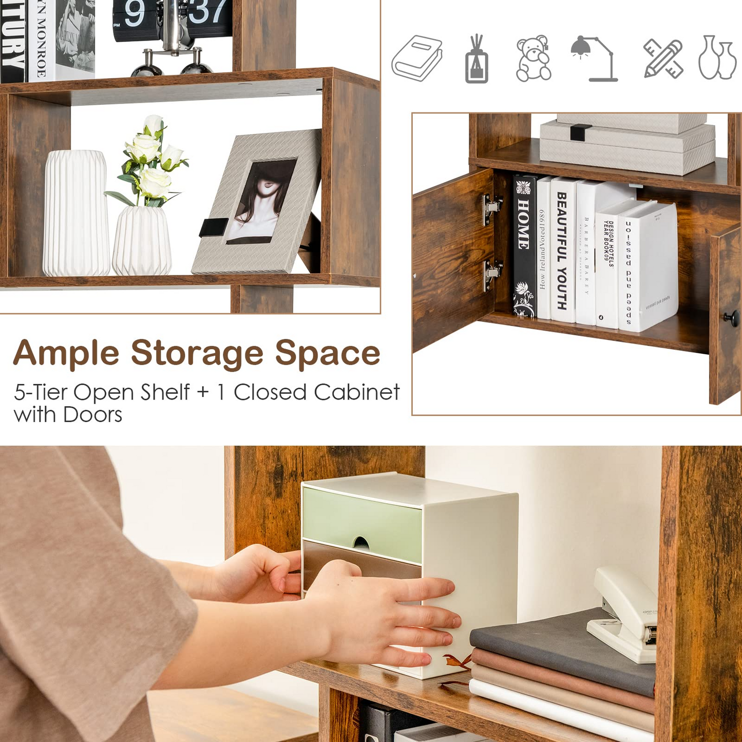 Tangkula S Shaped Bookshelf with Cabinet, 6-Tier Bookcase with Doors, Freestanding Geometric Bookshelves for Living Room