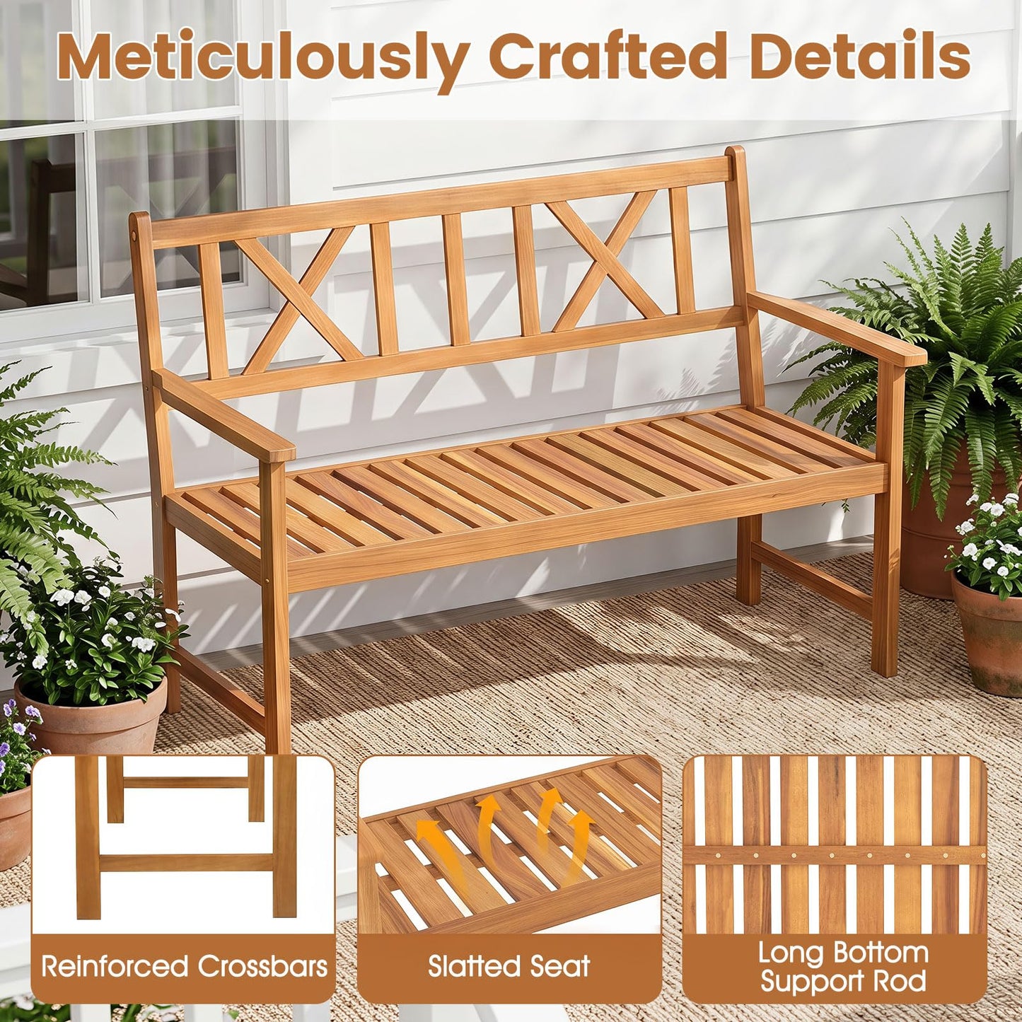 Tangkula 2-Person Acacia Wood Outdoor Garden Bench with Cushion(Without seat cushion)