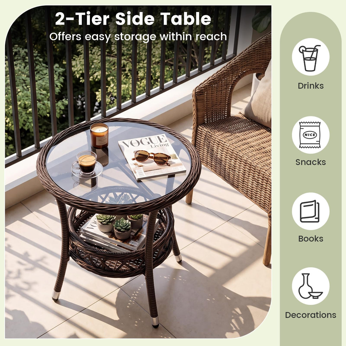 Tangkula Outdoor Rattan Side Table with Tempered Glass Top