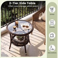 Tangkula Outdoor Rattan Side Table with Tempered Glass Top
