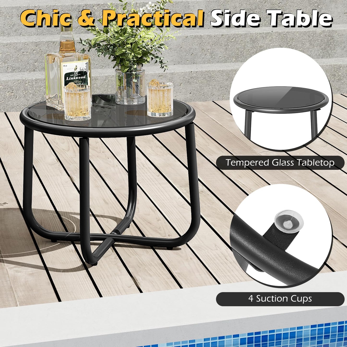 Tangkula 3 Pieces Patio Furniture Set PE Rattan Porch Chairs with Round Tempered Glass Top Table
