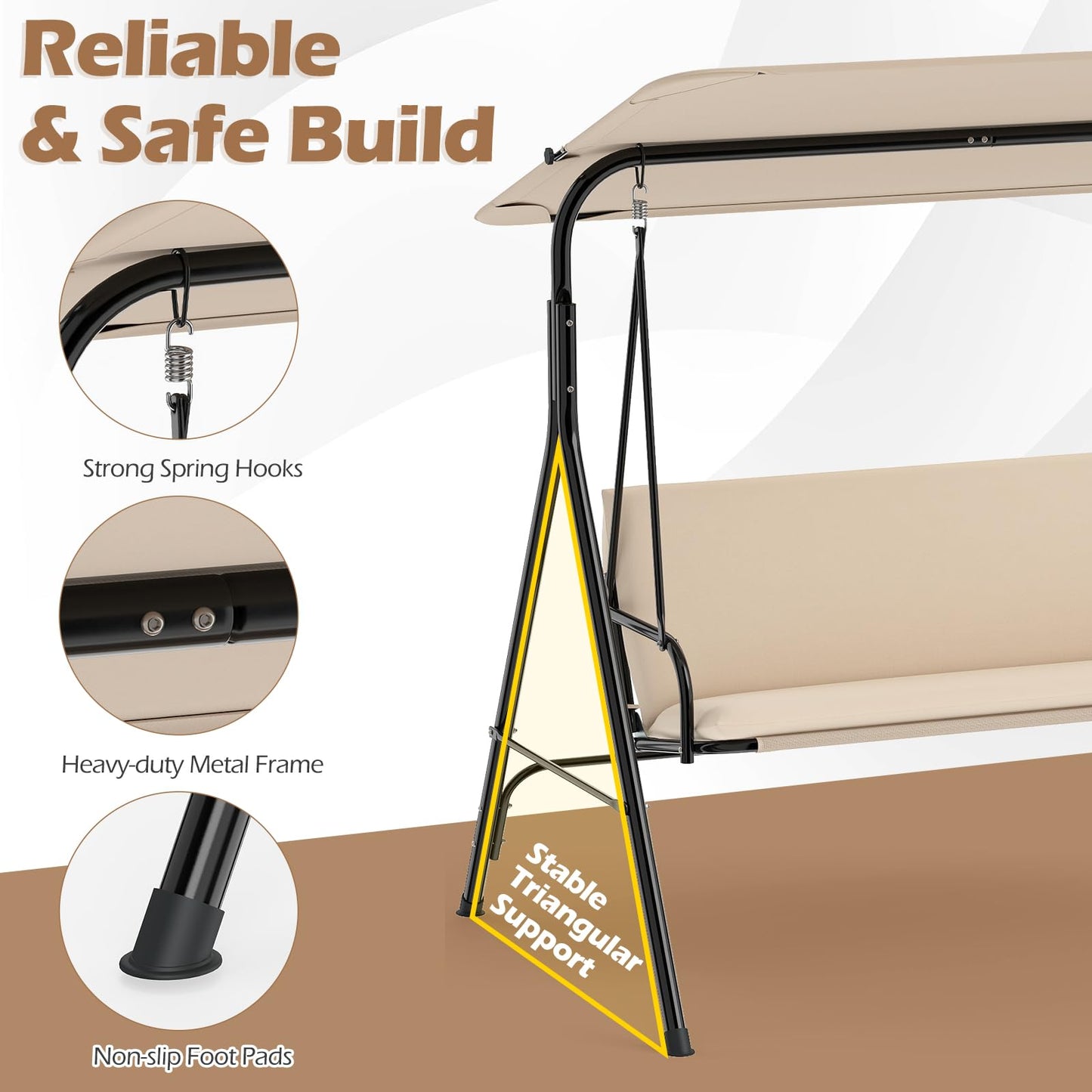 Tangkula 3 Person Porch Swing Outdoor Swing with Removable Cushions
