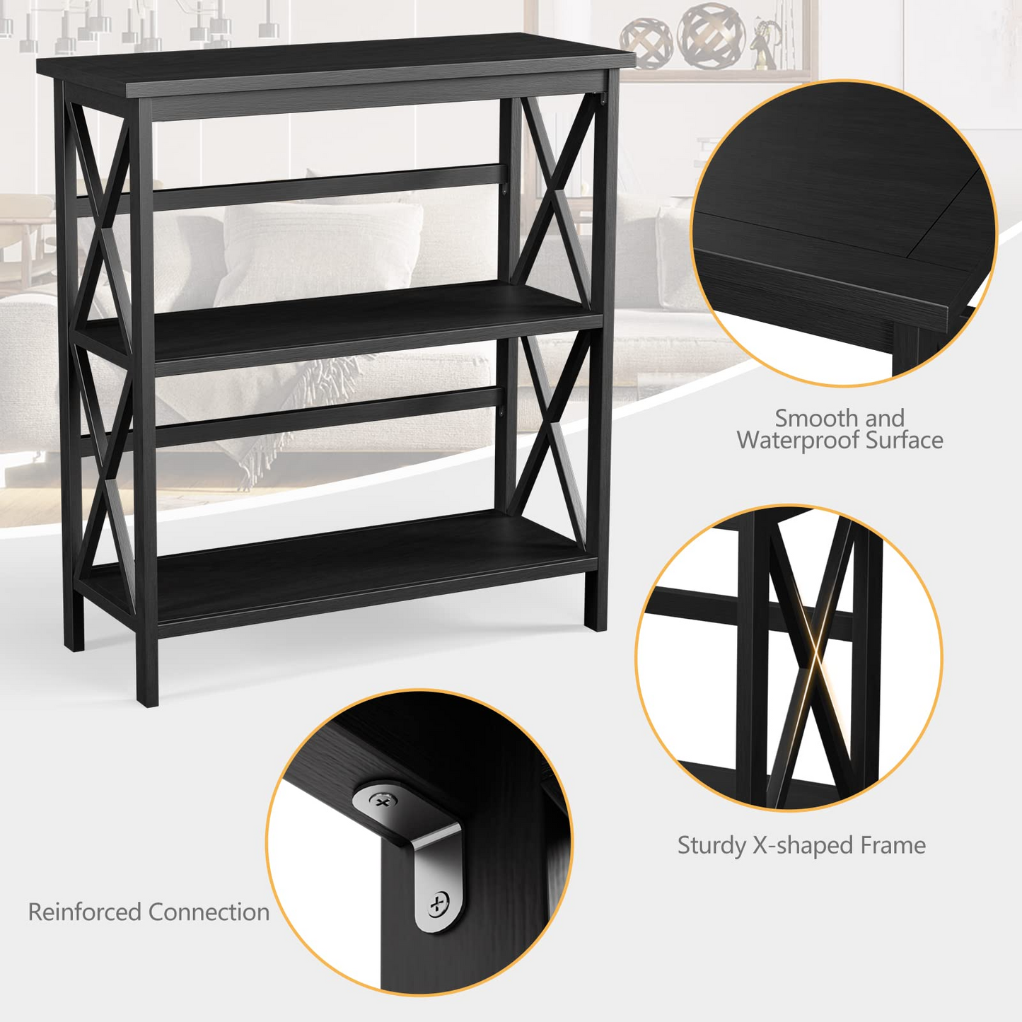 Tangkula 3-Tier Bookcase and Bookshelf, Wooden Open Shelf Bookcase, X-Design Etagere Bookshelf for Home Living Room Office