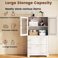Tangkula Bathroom Floor Storage Cabinet with 2 Drawers & 2 Frosted Glass Doors